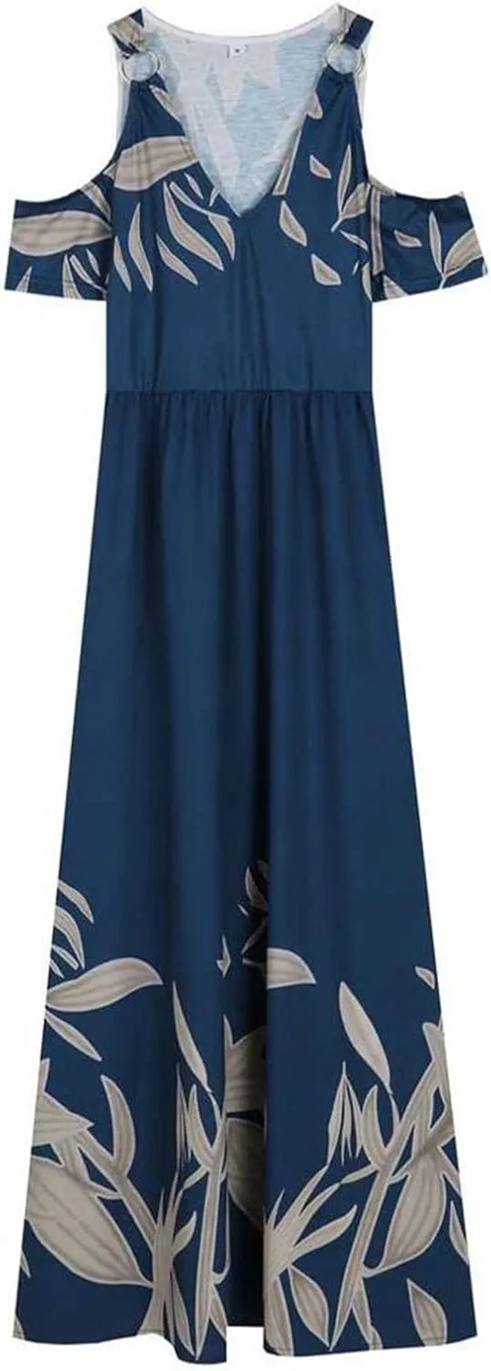 Women's Short Sleeve Loose Plain Casual Long Maxi Dresses for Women V-Neck Slit Casual Travel T-Shirt Dress