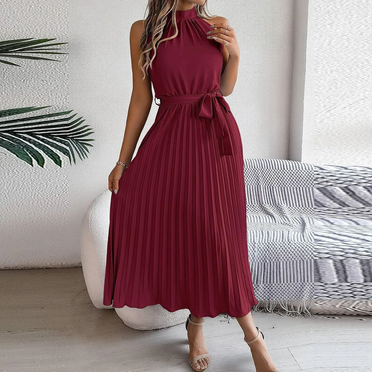 Womens Short Sleeve Midi Dresses Spring Casual Crew Neck Belted Pleated A Line Flowy Wedding Guest Party Dress