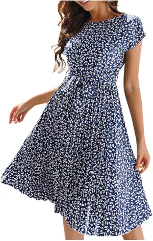 Womens Short Sleeve Midi Dresses Spring Casual Crew Neck Belted Pleated A Line Flowy Wedding Guest Party Dress
