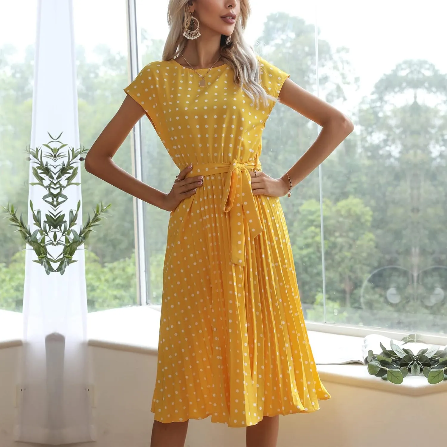 Womens Short Sleeve Midi Dresses Spring Casual Crew Neck Belted Pleated A Line Flowy Wedding Guest Party Dress