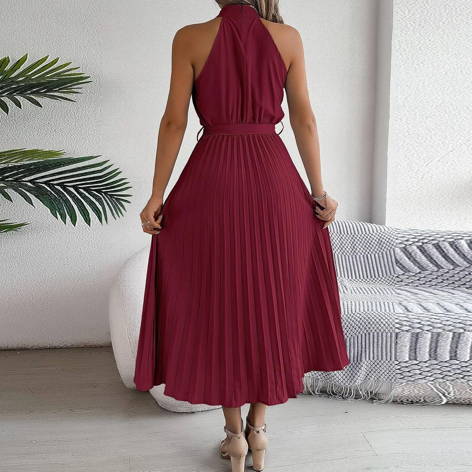 Womens Short Sleeve Midi Dresses Spring Casual Crew Neck Belted Pleated A Line Flowy Wedding Guest Party Dress