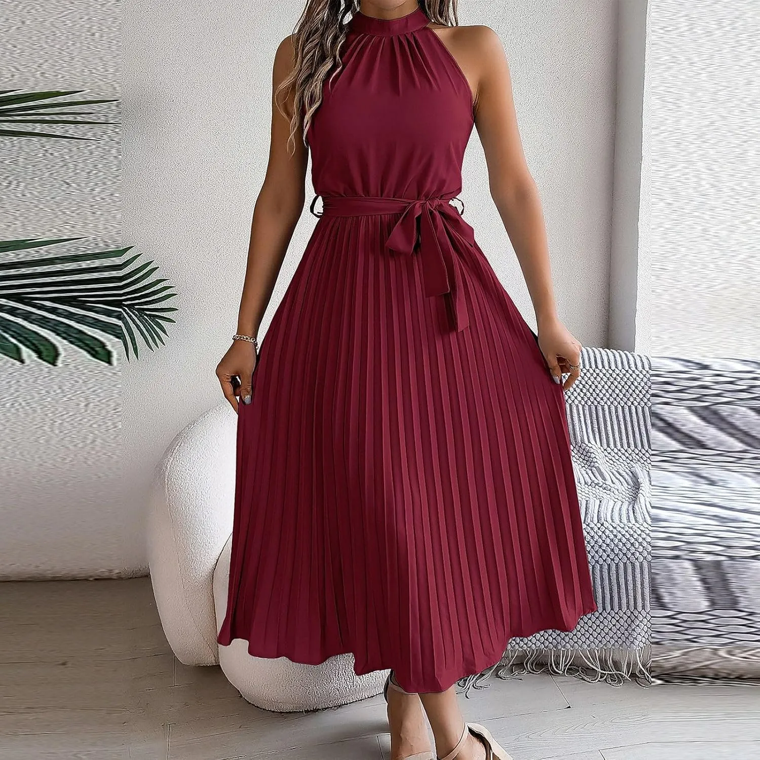 Womens Short Sleeve Midi Dresses Spring Casual Crew Neck Belted Pleated A Line Flowy Wedding Guest Party Dress