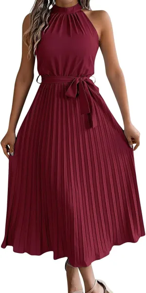 Womens Short Sleeve Midi Dresses Spring Casual Crew Neck Belted Pleated A Line Flowy Wedding Guest Party Dress