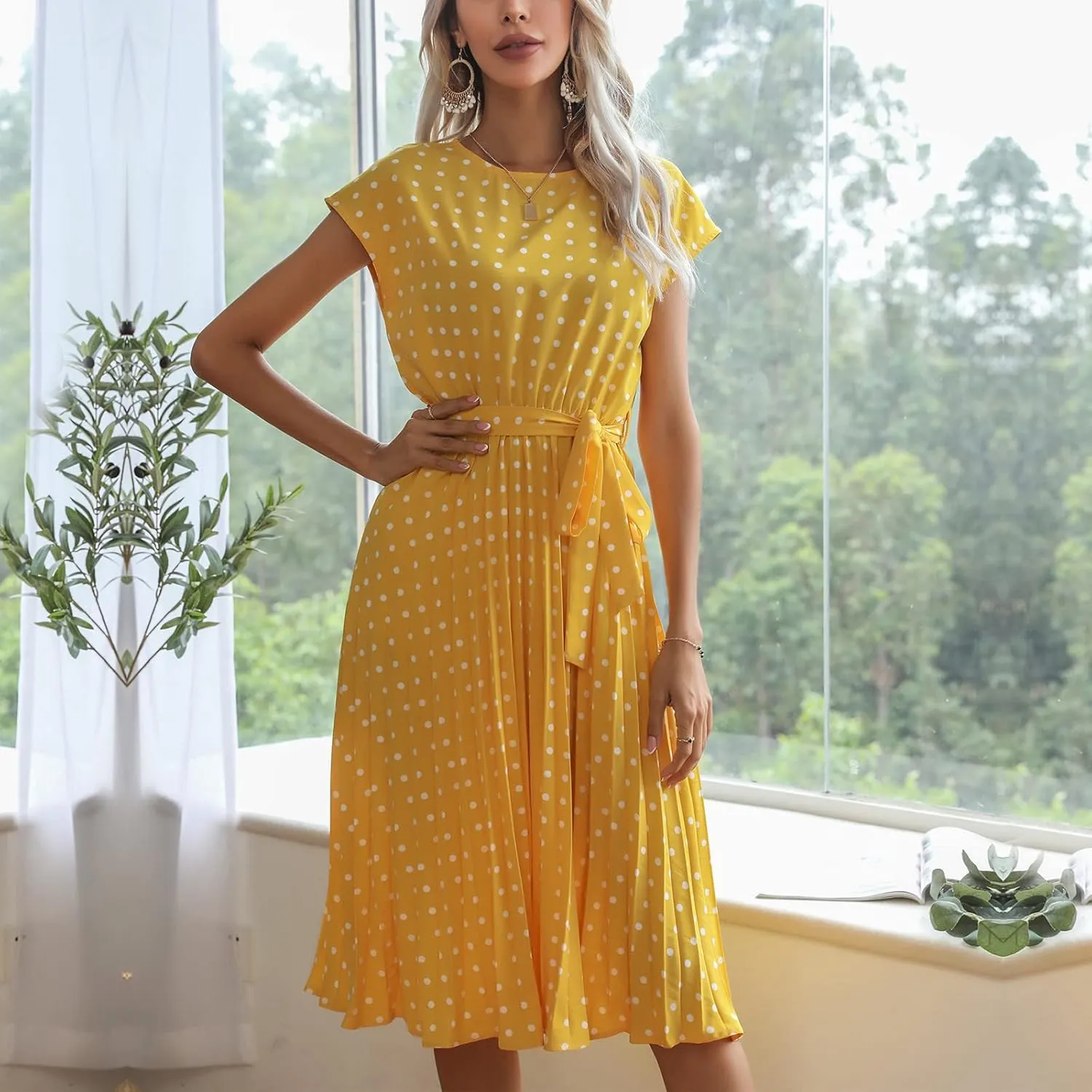 Womens Short Sleeve Midi Dresses Spring Casual Crew Neck Belted Pleated A Line Flowy Wedding Guest Party Dress