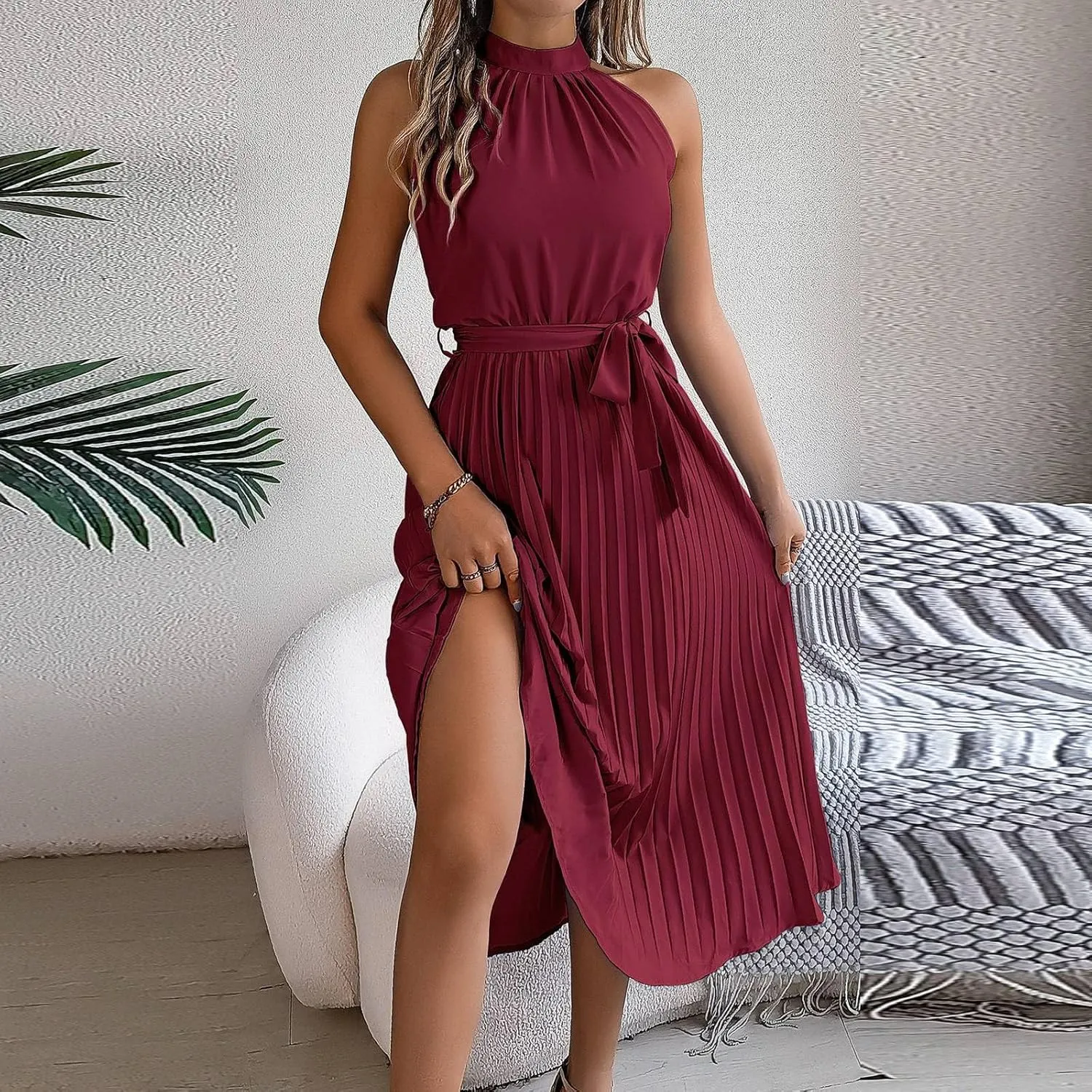 Womens Short Sleeve Midi Dresses Spring Casual Crew Neck Belted Pleated A Line Flowy Wedding Guest Party Dress