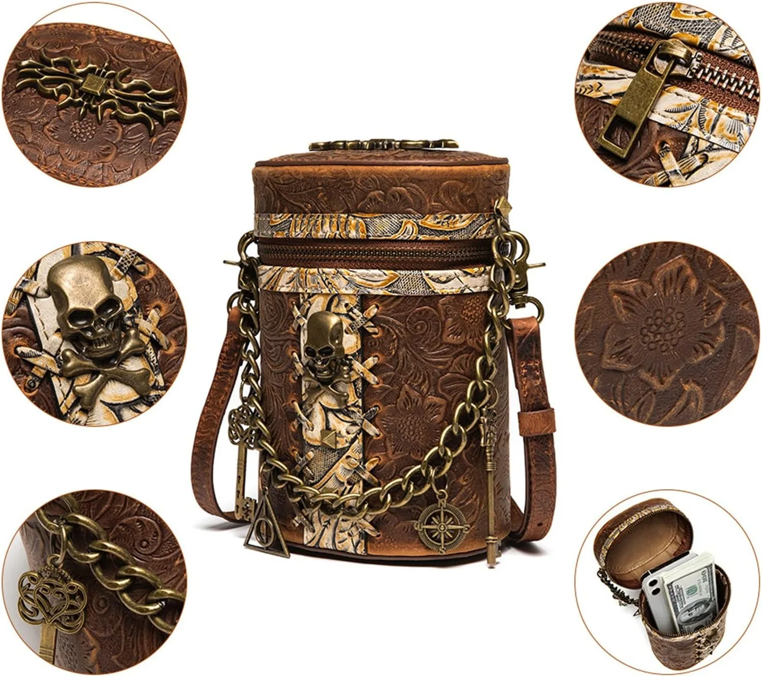 Womens' Shoulder Bag Retro Style Leather Bucket Bag Chain Ladies Shoulder Crossbody Bag Punk Shoulder Bag