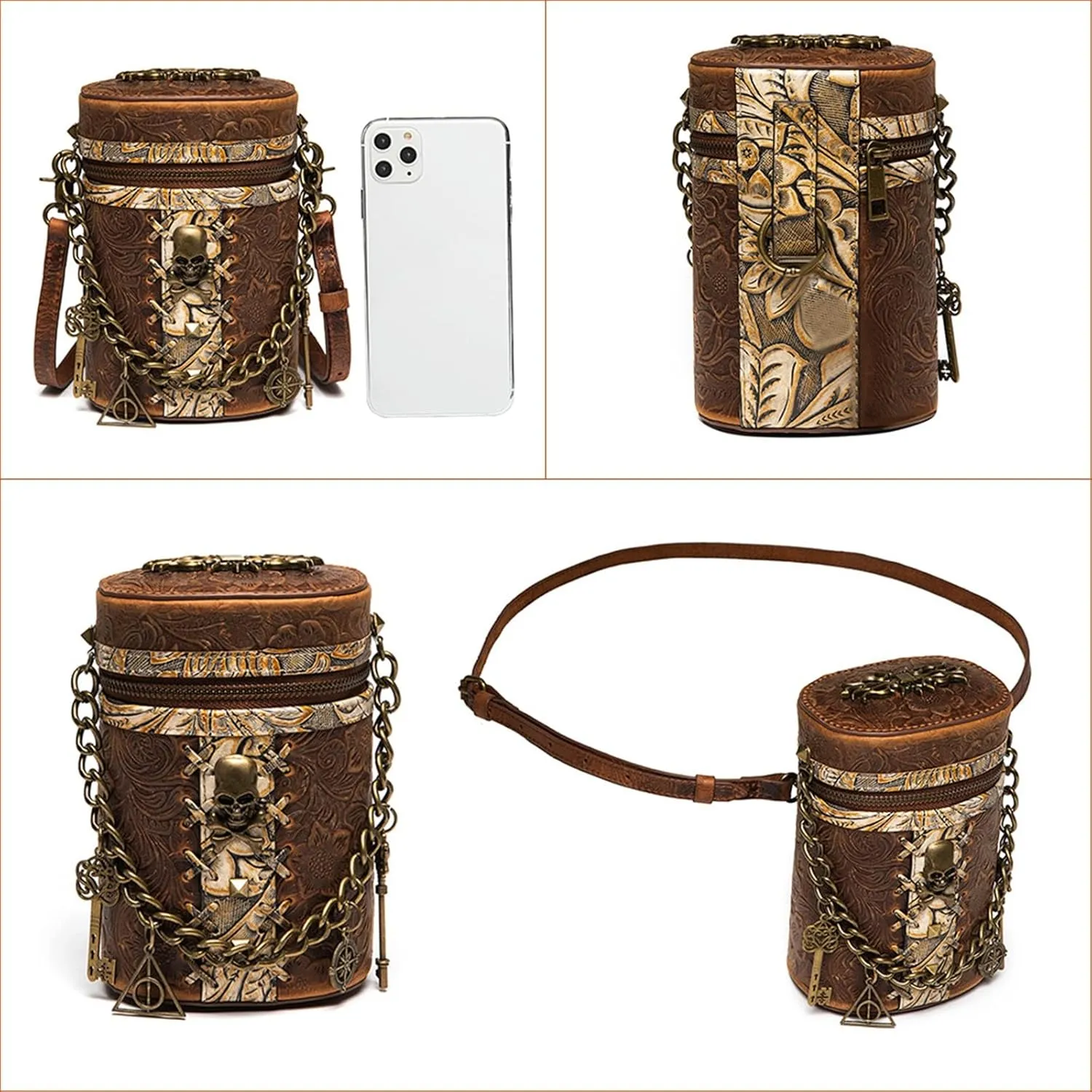 Womens' Shoulder Bag Retro Style Leather Bucket Bag Chain Ladies Shoulder Crossbody Bag Punk Shoulder Bag