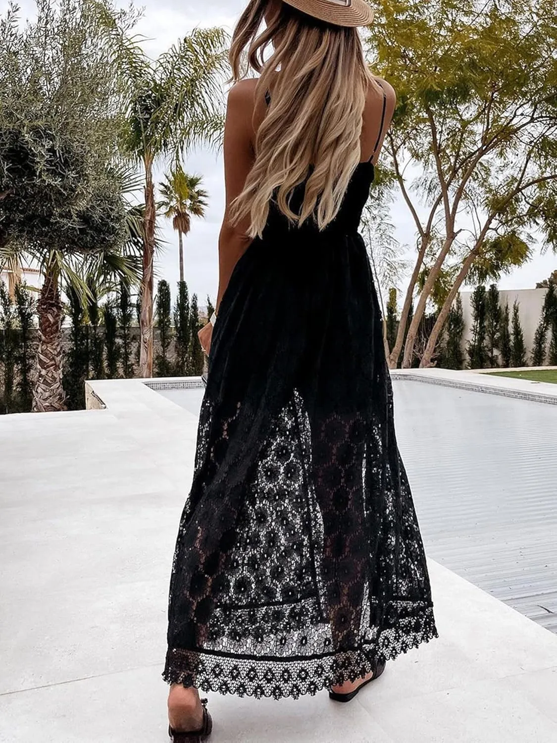 Womens Sleeveless Hollow Out Floral Party Split Romper Maxi Dress Lace Playsuit Sundress