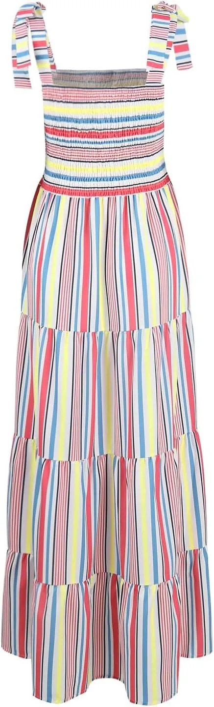 Women's Sleeveless Maxi Dress Striped Print Smocked Sexy Spaghetti Strap Square Neck Flowy Swing Maxi Length Dress