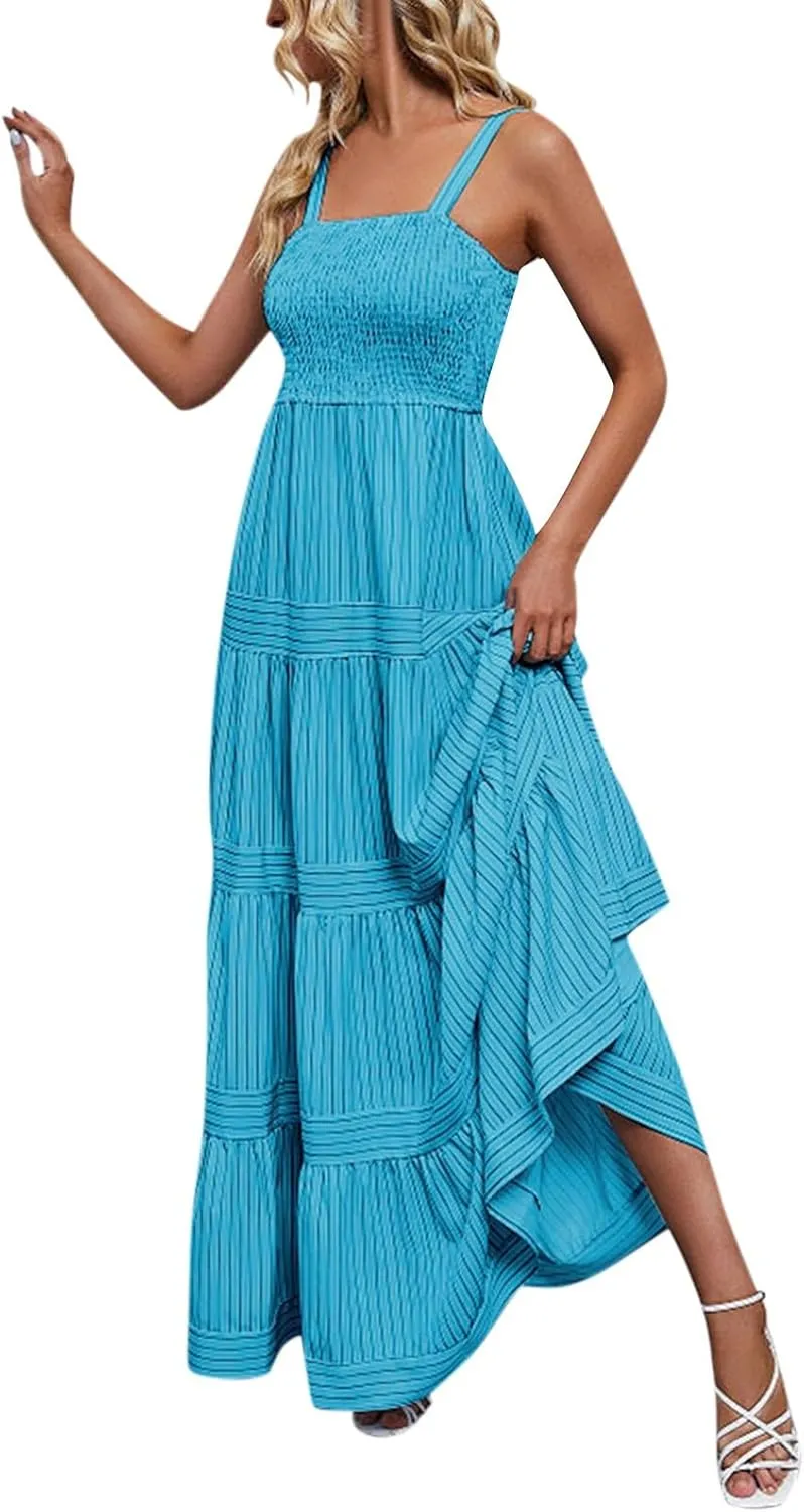 Women's Sleeveless Maxi Dress Striped Print Smocked Sexy Spaghetti Strap Square Neck Flowy Swing Maxi Length Dress
