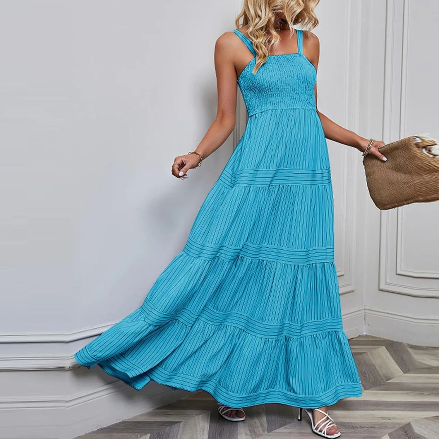 Women's Sleeveless Maxi Dress Striped Print Smocked Sexy Spaghetti Strap Square Neck Flowy Swing Maxi Length Dress