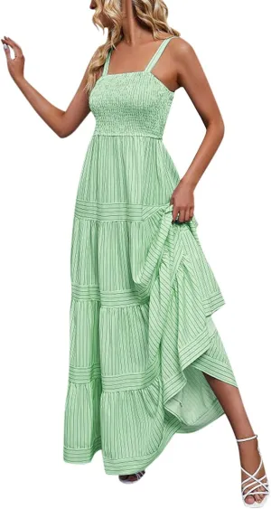 Women's Sleeveless Maxi Dress Striped Print Smocked Sexy Spaghetti Strap Square Neck Flowy Swing Maxi Length Dress