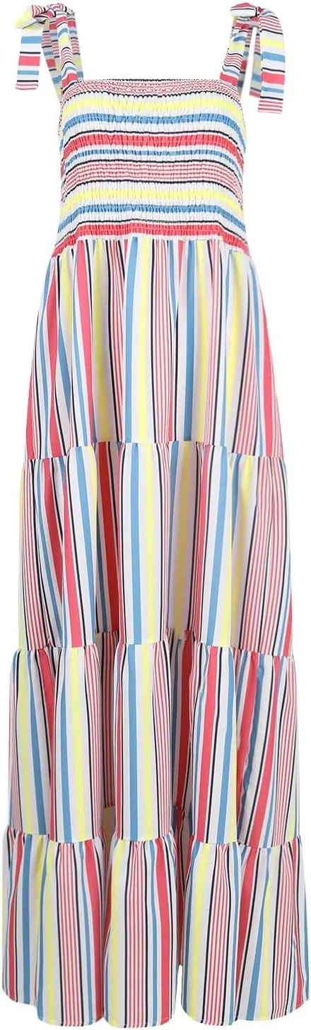 Women's Sleeveless Maxi Dress Striped Print Smocked Sexy Spaghetti Strap Square Neck Flowy Swing Maxi Length Dress