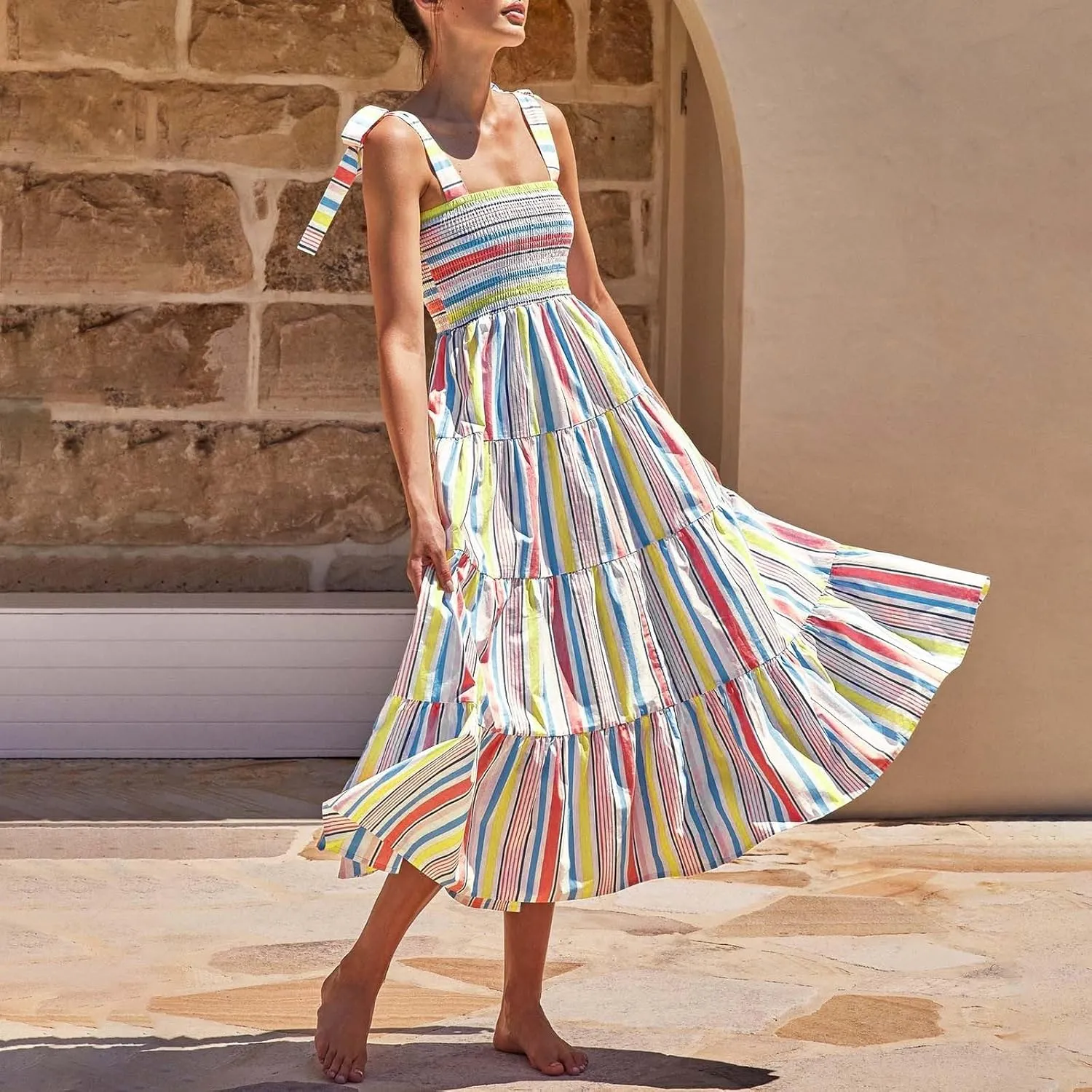 Women's Sleeveless Maxi Dress Striped Print Smocked Sexy Spaghetti Strap Square Neck Flowy Swing Maxi Length Dress
