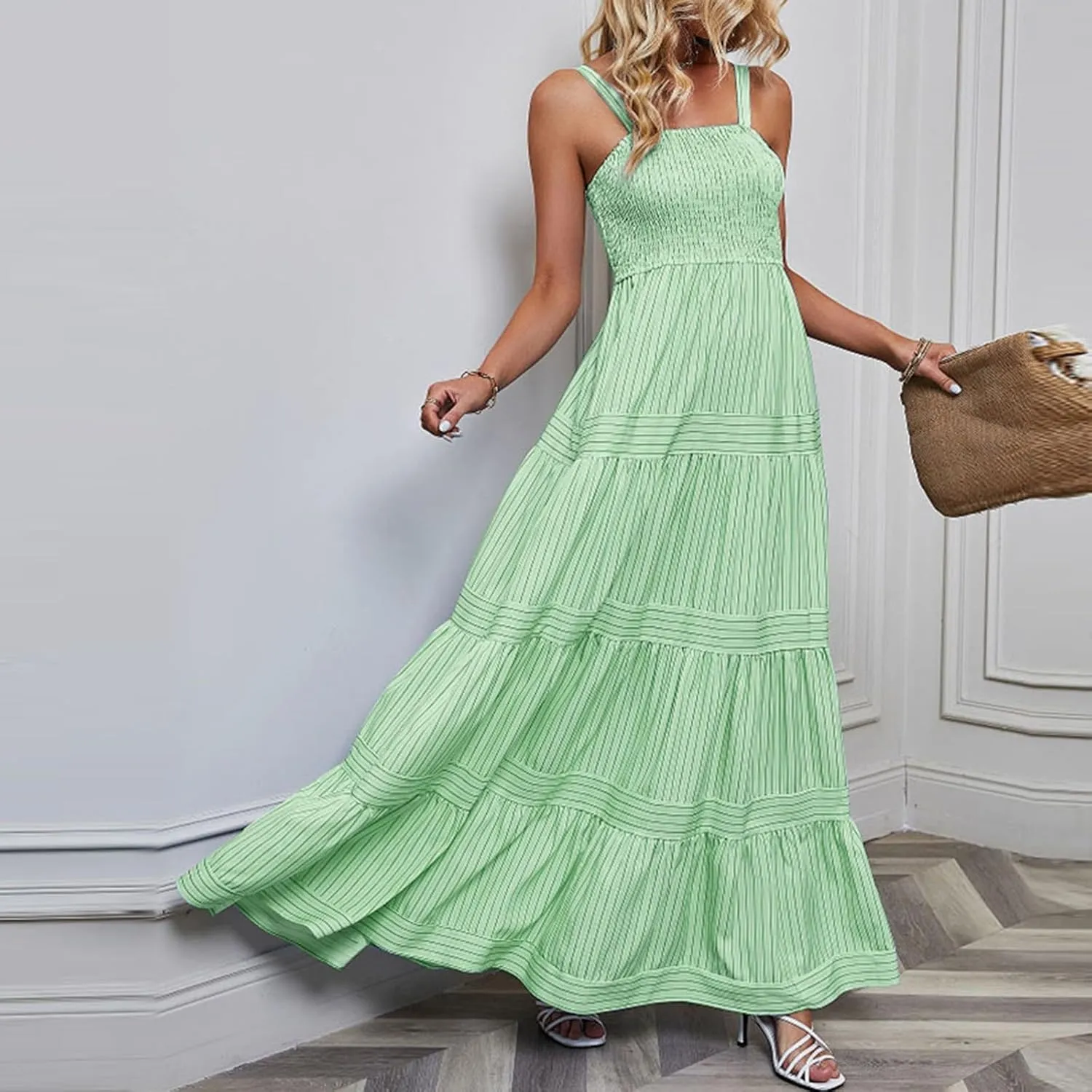 Women's Sleeveless Maxi Dress Striped Print Smocked Sexy Spaghetti Strap Square Neck Flowy Swing Maxi Length Dress