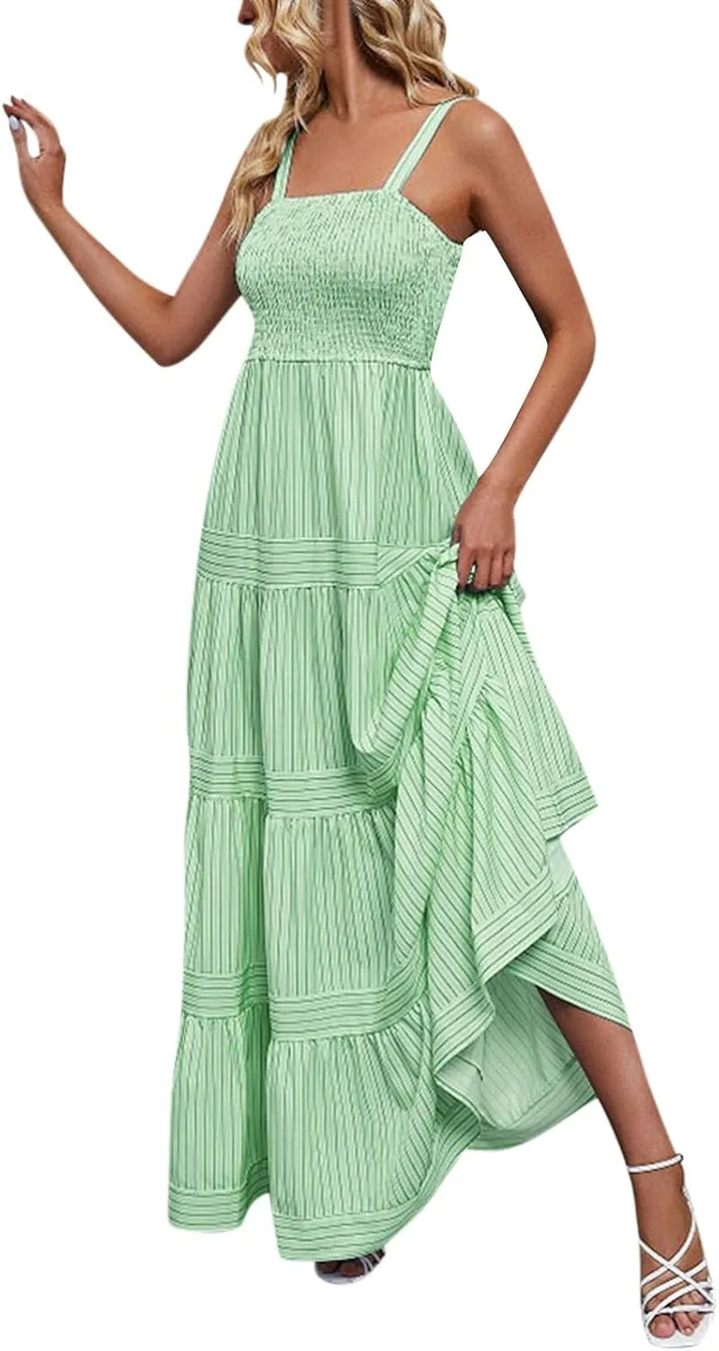 Women's Sleeveless Maxi Dress Striped Print Smocked Sexy Spaghetti Strap Square Neck Flowy Swing Maxi Length Dress