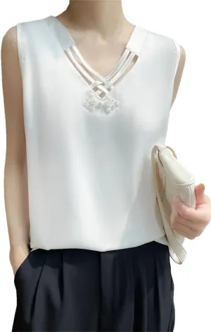 Women's Sleeveless Satin V-Neck Camisole Slim Fit Solid Color Vest