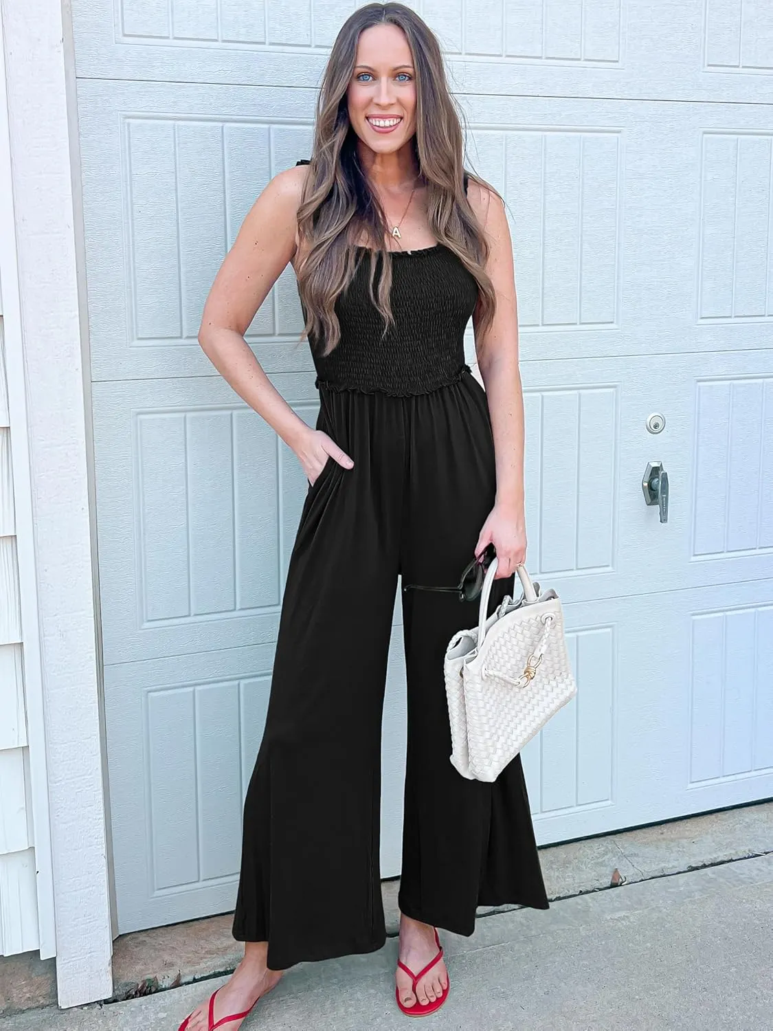 Women's Smocked Jumpsuits Casual Loose Sleeveless Wide Leg Long Pant Rompers Dressy One Piece Beach Vacation Outfits