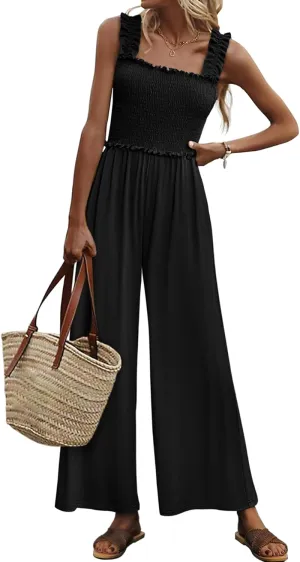 Women's Smocked Jumpsuits Casual Loose Sleeveless Wide Leg Long Pant Rompers Dressy One Piece Beach Vacation Outfits