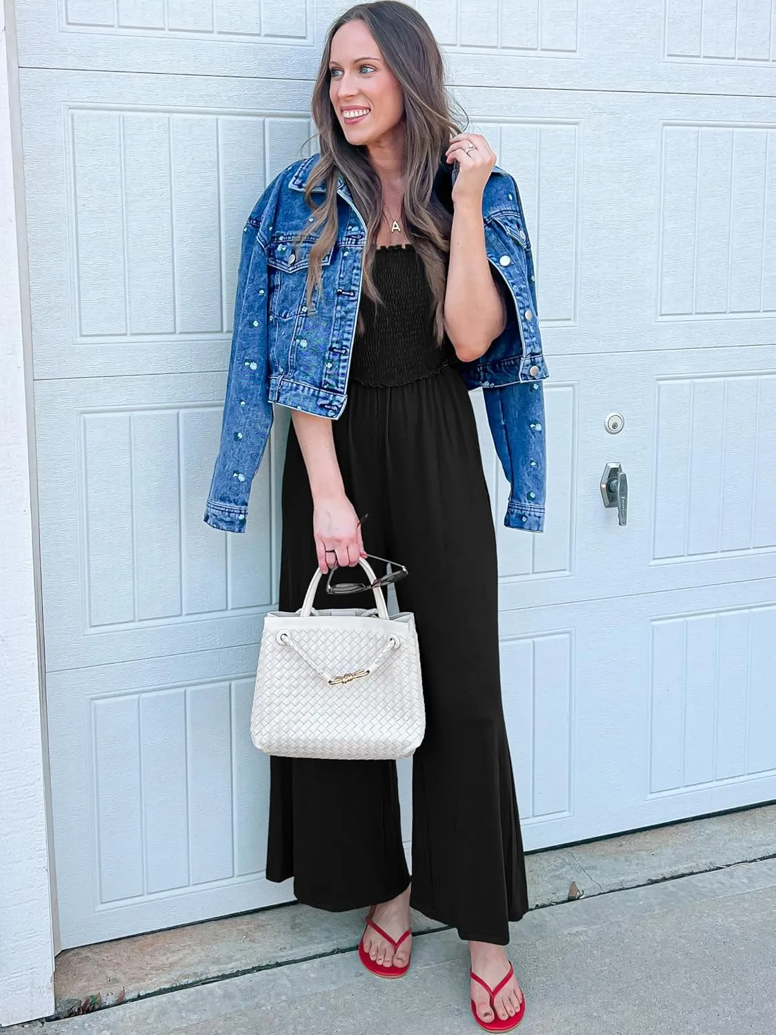 Women's Smocked Jumpsuits Casual Loose Sleeveless Wide Leg Long Pant Rompers Dressy One Piece Beach Vacation Outfits