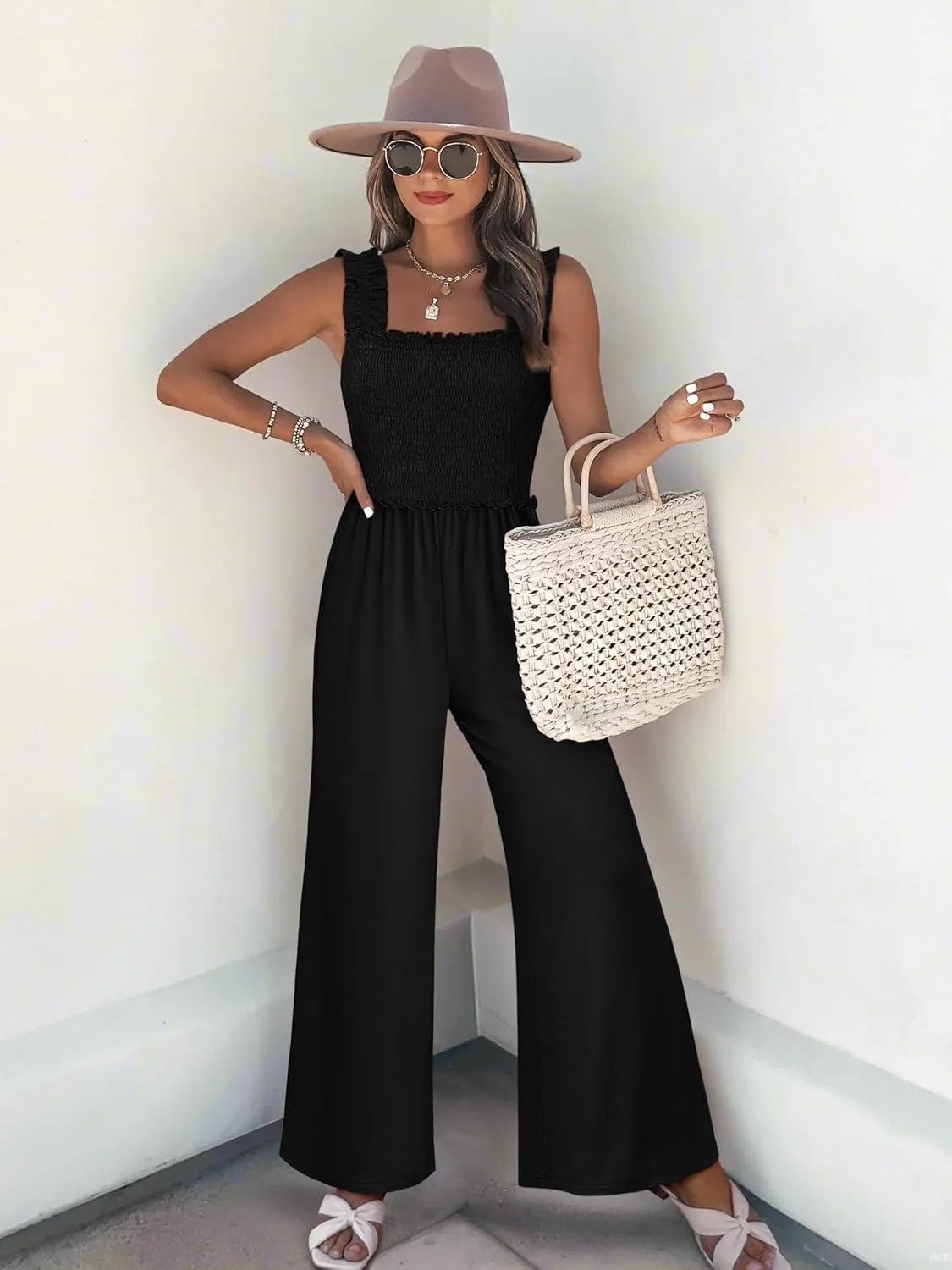 Women's Smocked Jumpsuits Casual Loose Sleeveless Wide Leg Long Pant Rompers Dressy One Piece Beach Vacation Outfits