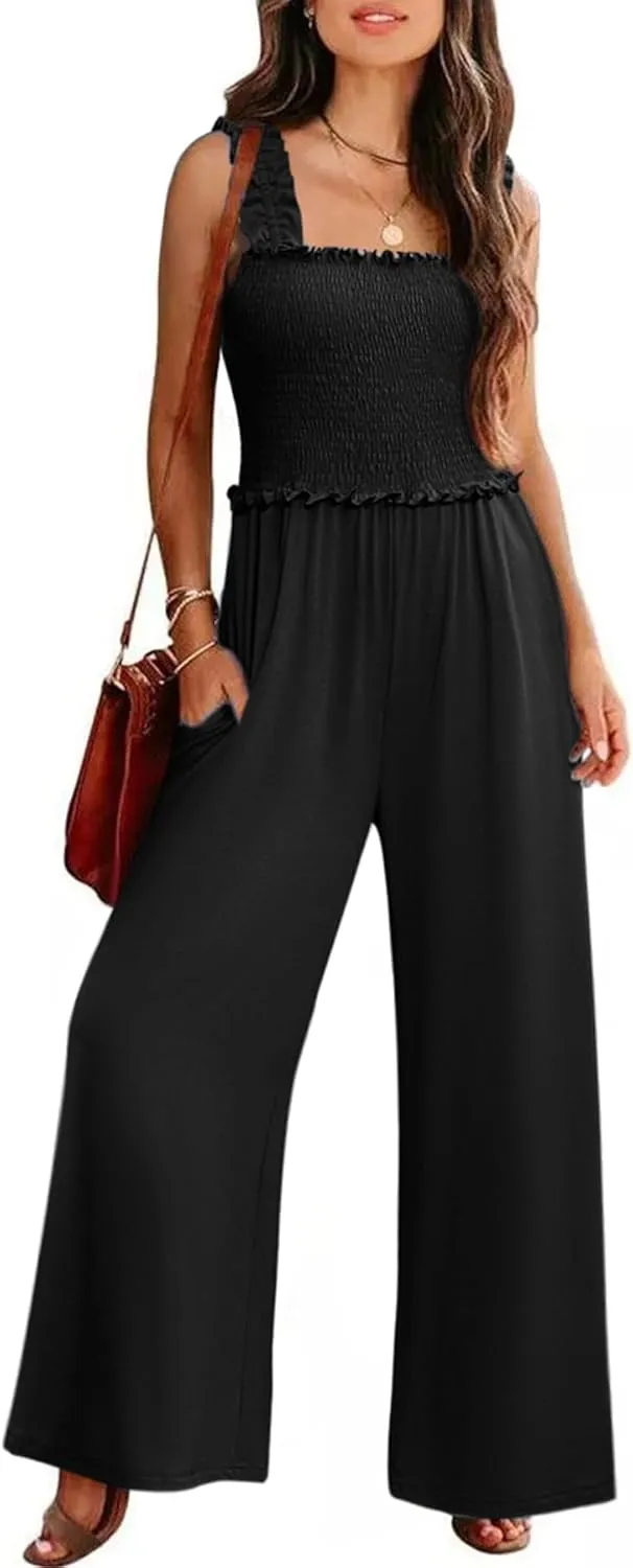 Women's Smocked Jumpsuits Casual Loose Sleeveless Wide Leg Long Pant Rompers Dressy One Piece Beach Vacation Outfits