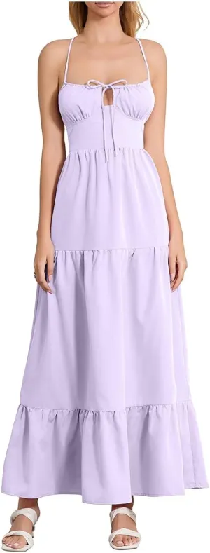 Women's Spaghetti Strap Maxi Dress Summer Sleeveless Dress Casual Boho Backless Flowy Criss Cross Split Cami Dresses