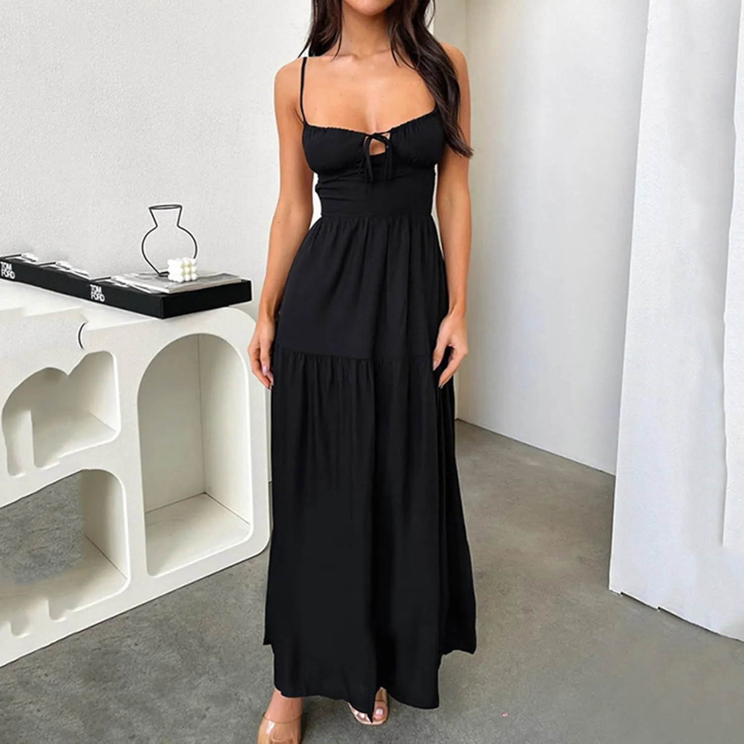 Women's Spaghetti Strap Maxi Dress Summer Sleeveless Dress Casual Boho Backless Flowy Criss Cross Split Cami Dresses