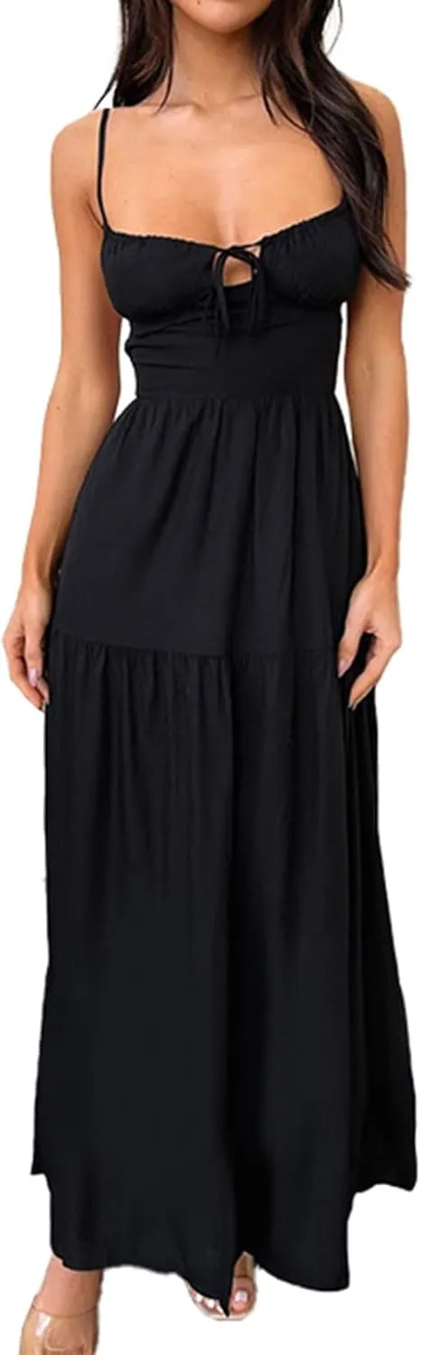 Women's Spaghetti Strap Maxi Dress Summer Sleeveless Dress Casual Boho Backless Flowy Criss Cross Split Cami Dresses