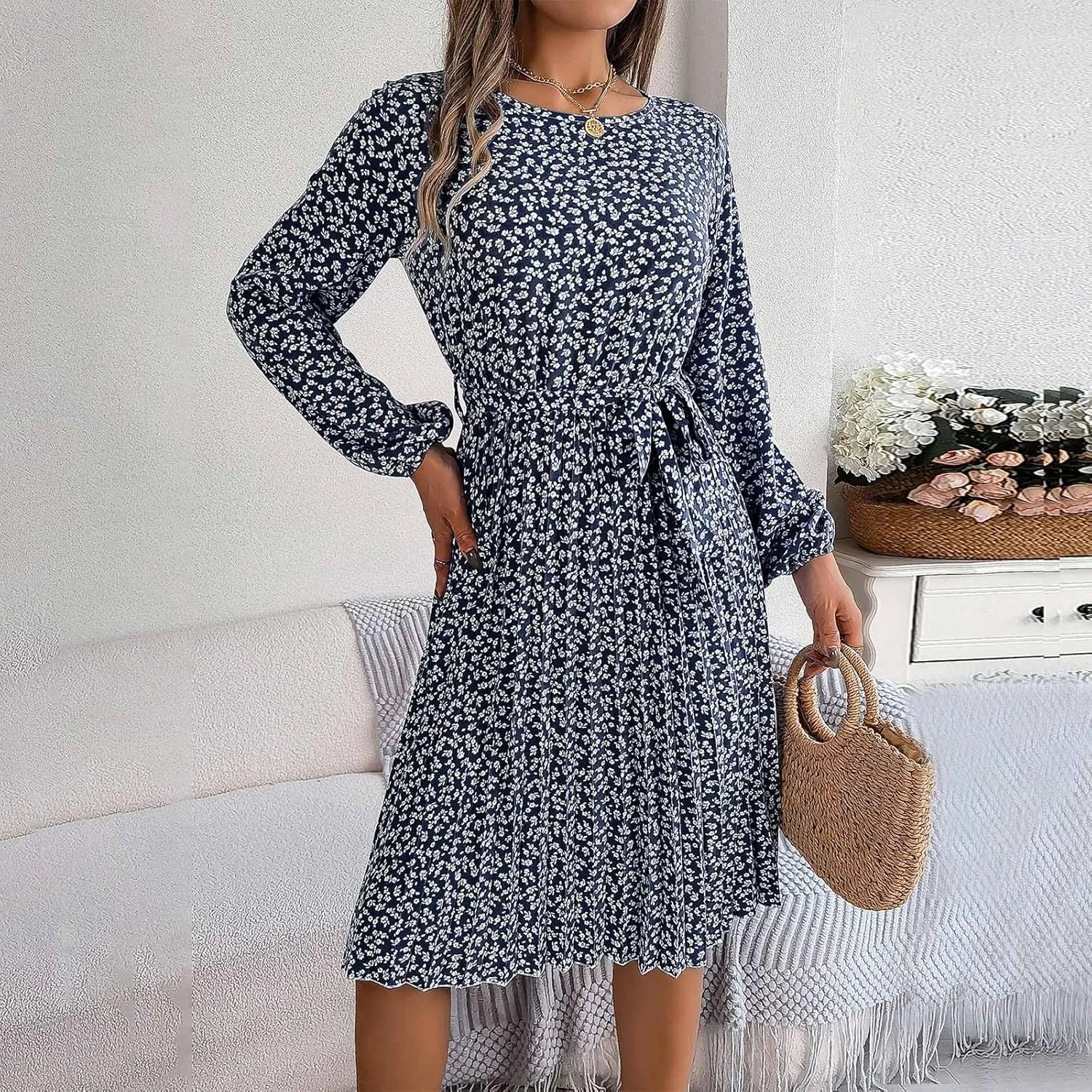 Women's Spring Dress Midi Long Puff Sleeve Wrap V Neck Flowy Pleated Ruffle Dresses Casual A Line Dress with Belt