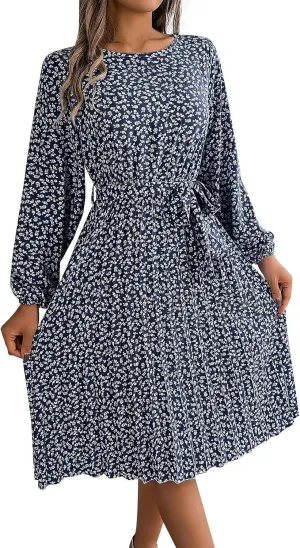 Women's Spring Dress Midi Long Puff Sleeve Wrap V Neck Flowy Pleated Ruffle Dresses Casual A Line Dress with Belt