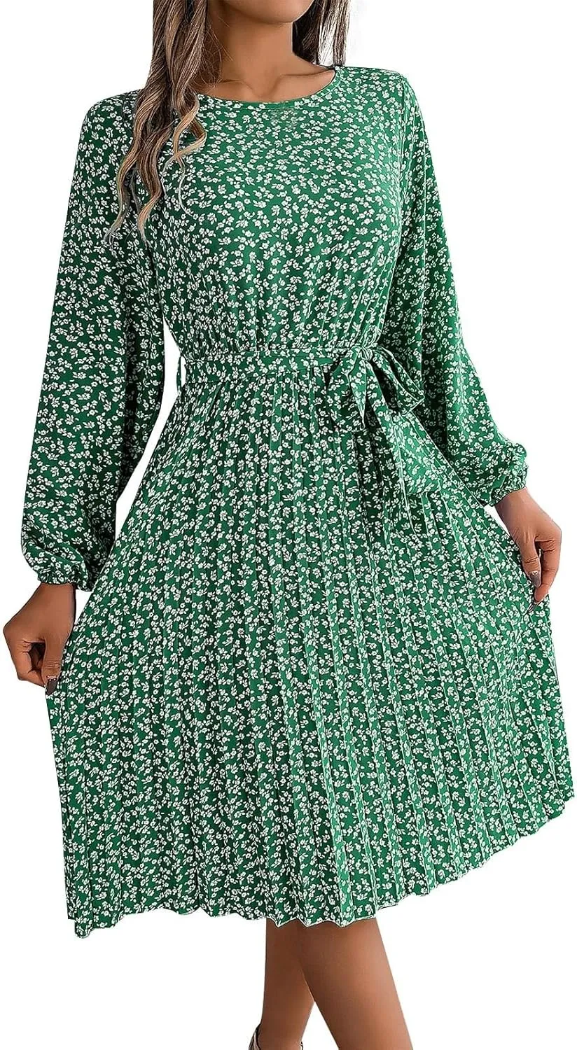 Women's Spring Dress Midi Long Puff Sleeve Wrap V Neck Flowy Pleated Ruffle Dresses Casual A Line Dress with Belt