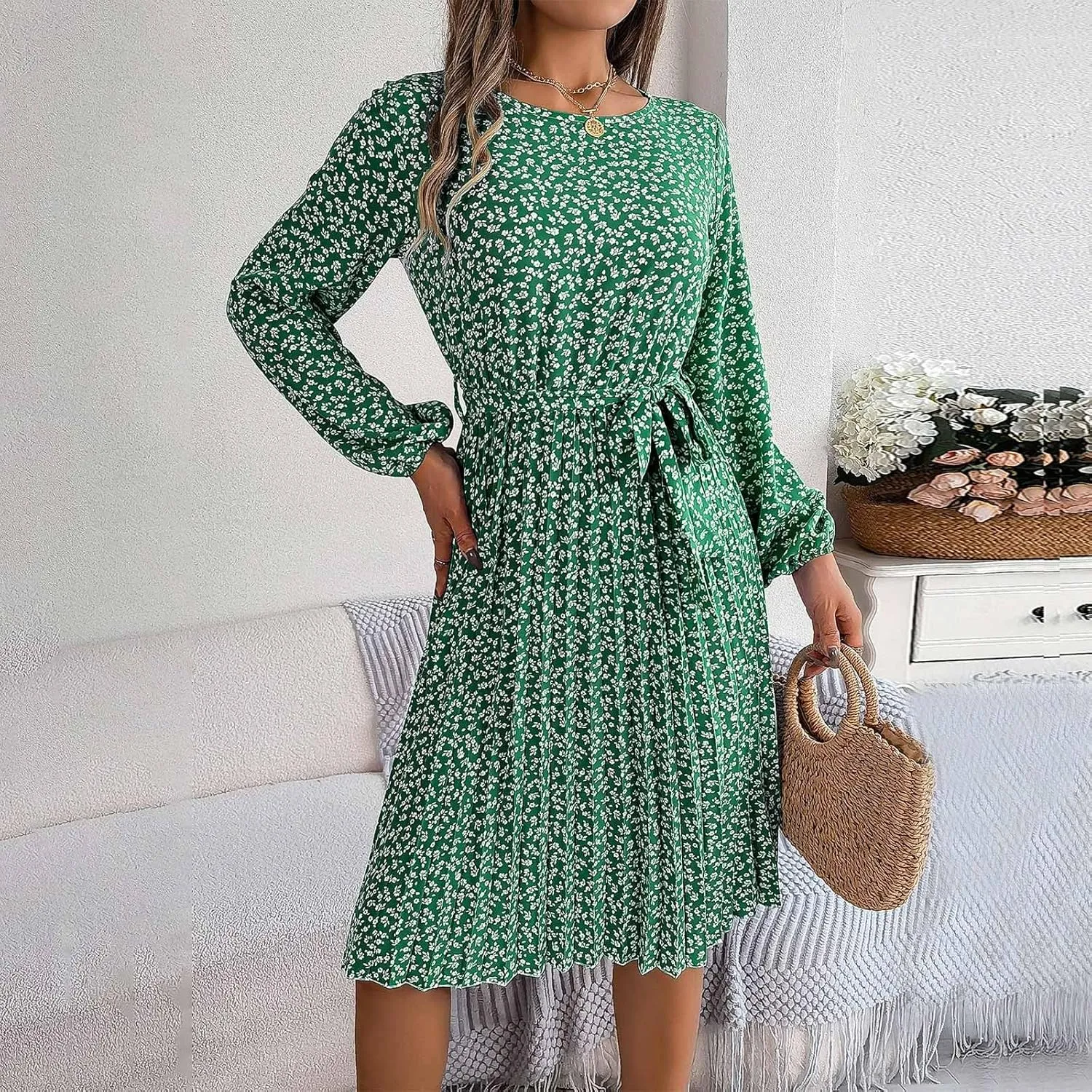 Women's Spring Dress Midi Long Puff Sleeve Wrap V Neck Flowy Pleated Ruffle Dresses Casual A Line Dress with Belt
