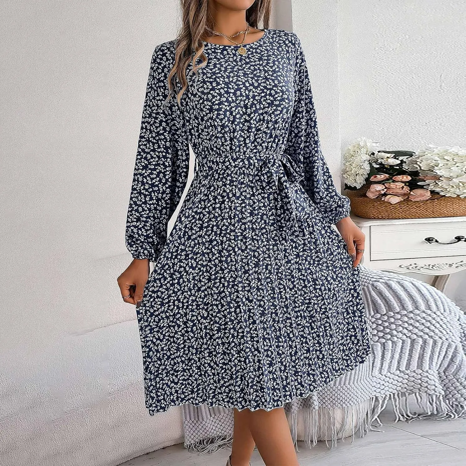 Women's Spring Dress Midi Long Puff Sleeve Wrap V Neck Flowy Pleated Ruffle Dresses Casual A Line Dress with Belt
