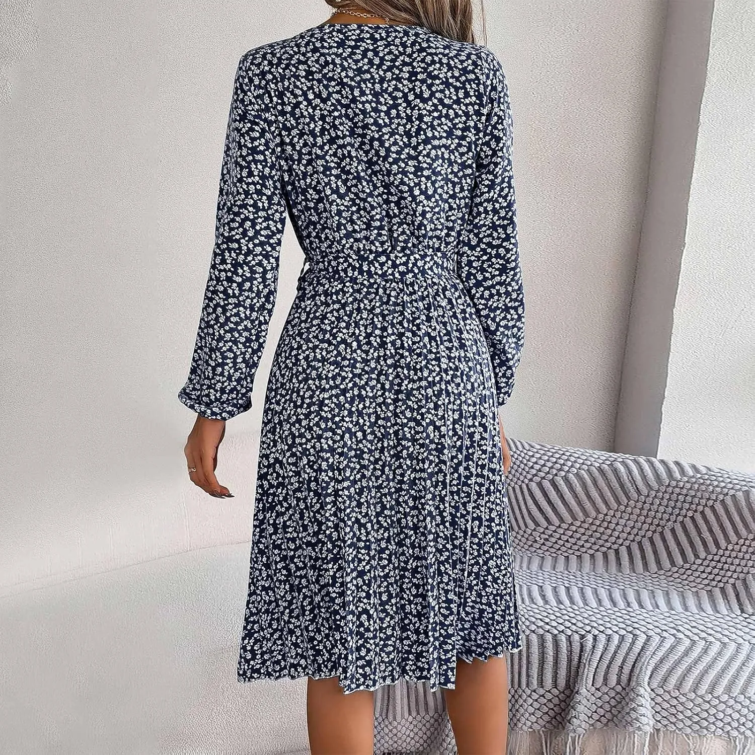 Women's Spring Dress Midi Long Puff Sleeve Wrap V Neck Flowy Pleated Ruffle Dresses Casual A Line Dress with Belt