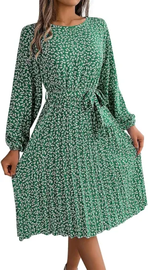 Women's Spring Dress Midi Long Puff Sleeve Wrap V Neck Flowy Pleated Ruffle Dresses Casual A Line Dress with Belt