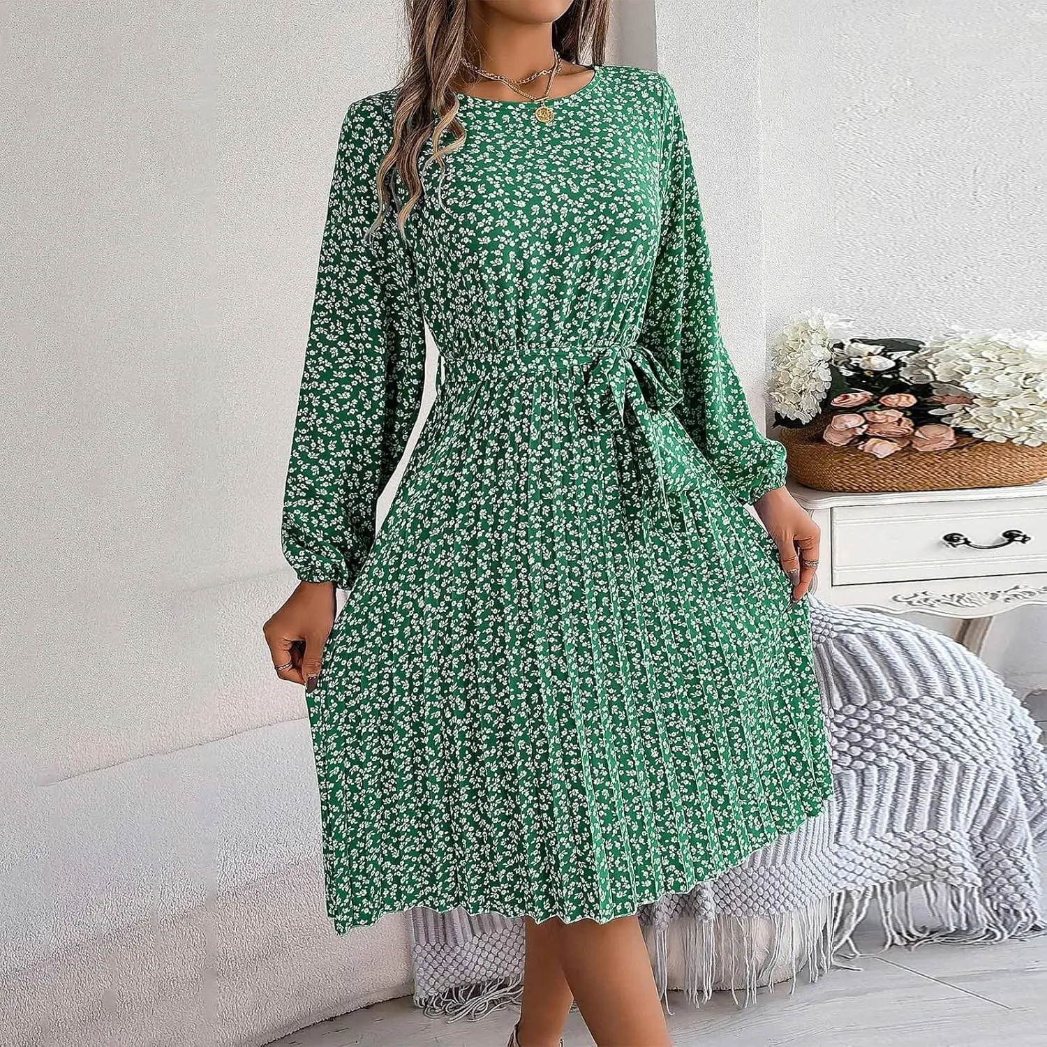 Women's Spring Dress Midi Long Puff Sleeve Wrap V Neck Flowy Pleated Ruffle Dresses Casual A Line Dress with Belt