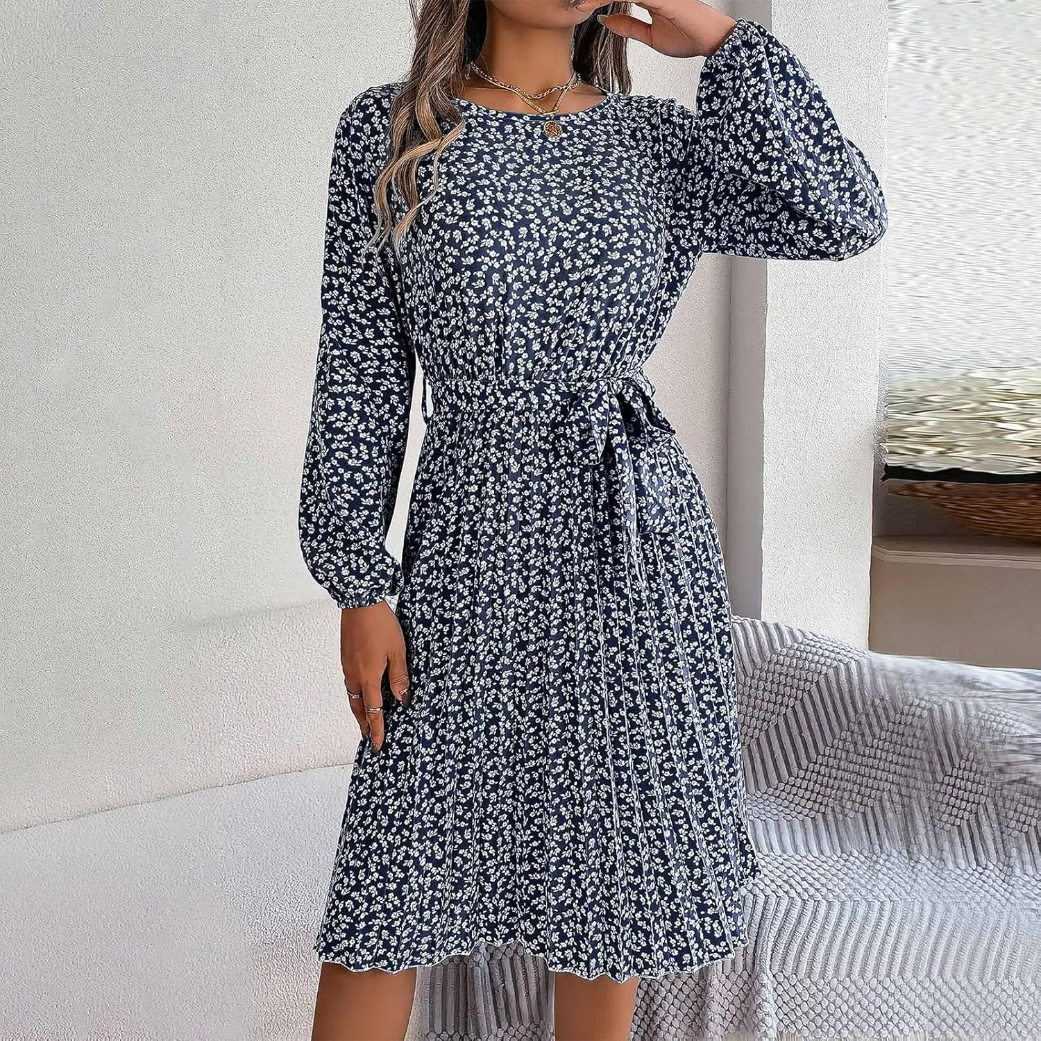 Women's Spring Dress Midi Long Puff Sleeve Wrap V Neck Flowy Pleated Ruffle Dresses Casual A Line Dress with Belt
