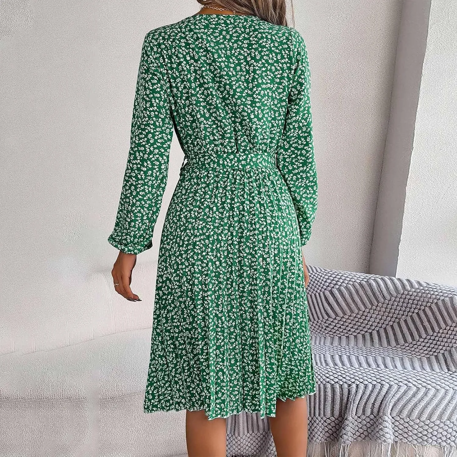 Women's Spring Dress Midi Long Puff Sleeve Wrap V Neck Flowy Pleated Ruffle Dresses Casual A Line Dress with Belt