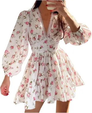 Women's Spring Dresses Casual Long Sleeve V Neck Ruffle Bohemian Floral Print High Waist Flowy Mini Dress with Belt