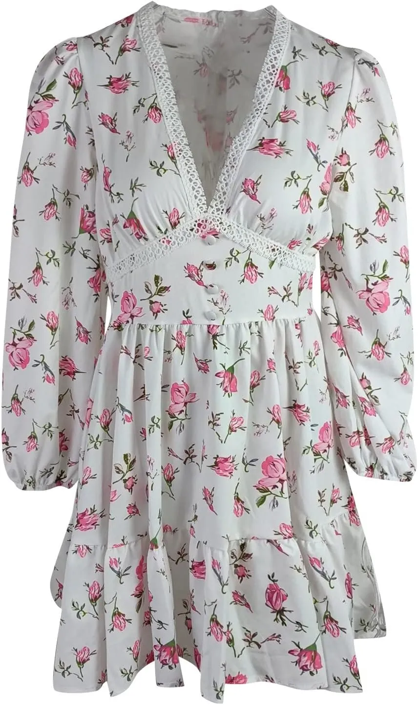 Women's Spring Dresses Casual Long Sleeve V Neck Ruffle Bohemian Floral Print High Waist Flowy Mini Dress with Belt