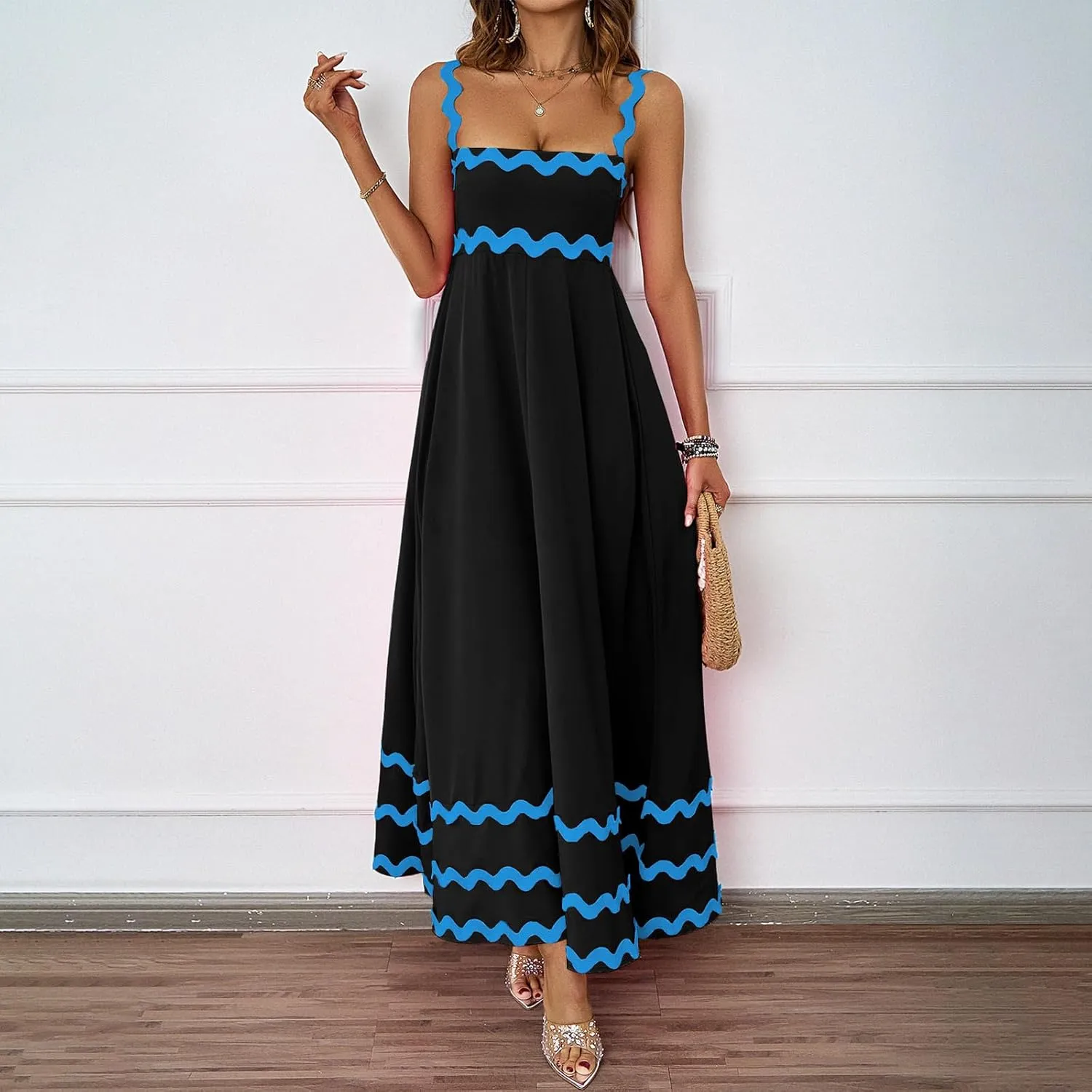 Womens Spring Maxi Dress Fit and Flare Square Neck Long Flowy Dress Sundress Spaghetti Strap Vacation Maxi Dresses