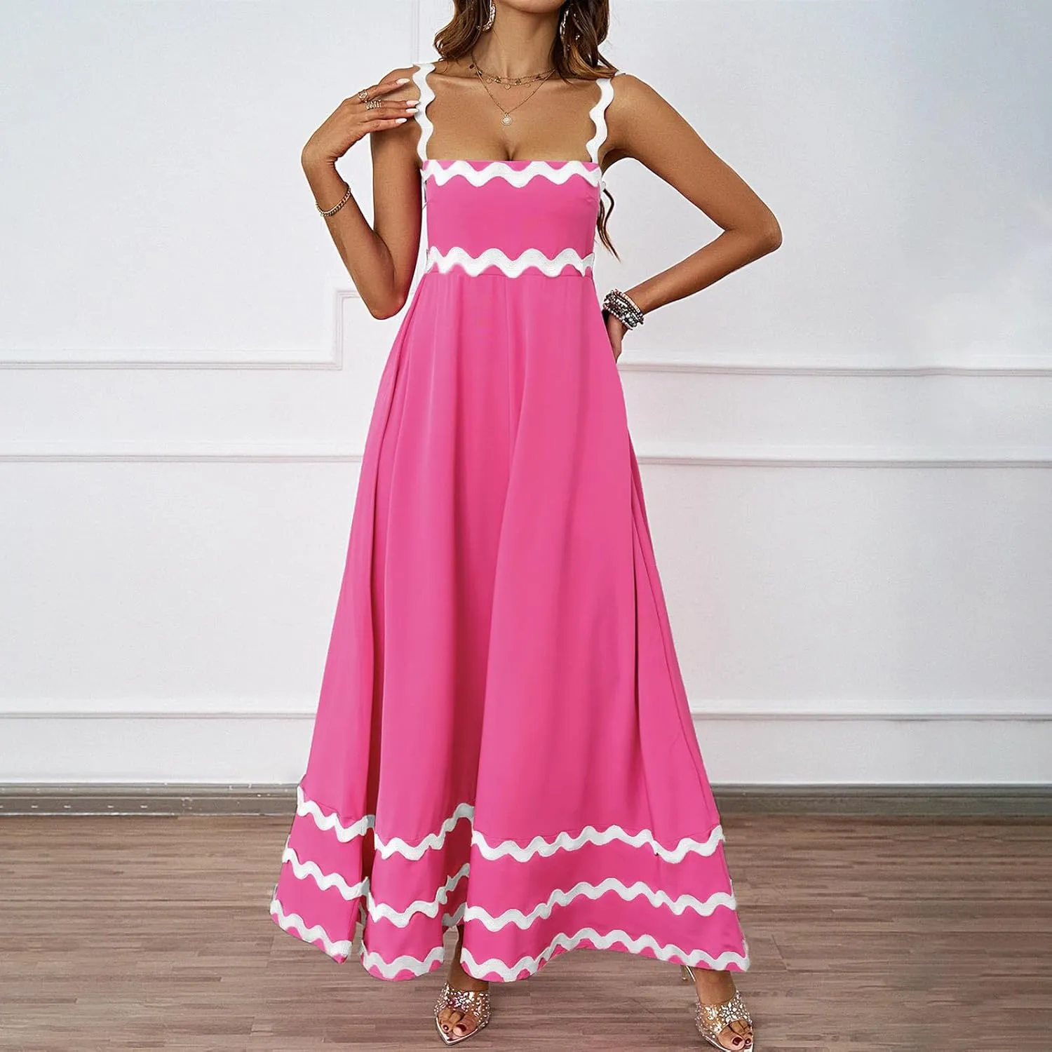 Womens Spring Maxi Dress Fit and Flare Square Neck Long Flowy Dress Sundress Spaghetti Strap Vacation Maxi Dresses