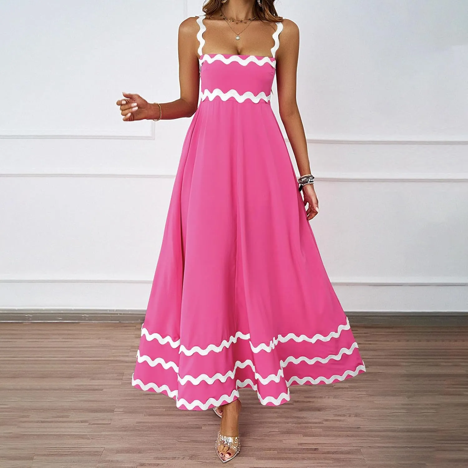 Womens Spring Maxi Dress Fit and Flare Square Neck Long Flowy Dress Sundress Spaghetti Strap Vacation Maxi Dresses