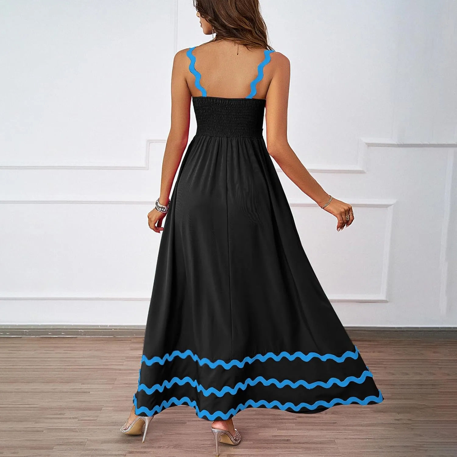 Womens Spring Maxi Dress Fit and Flare Square Neck Long Flowy Dress Sundress Spaghetti Strap Vacation Maxi Dresses
