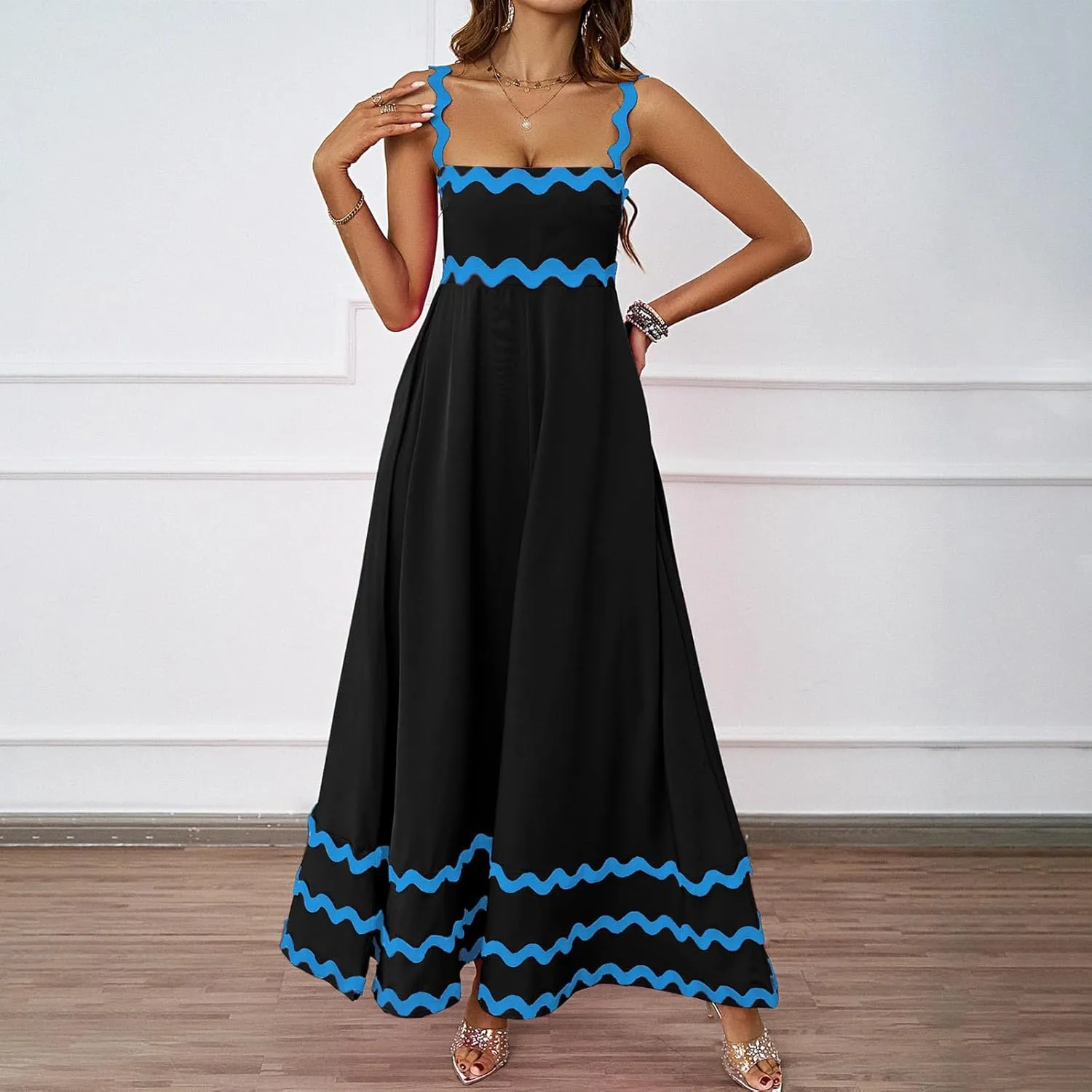 Womens Spring Maxi Dress Fit and Flare Square Neck Long Flowy Dress Sundress Spaghetti Strap Vacation Maxi Dresses