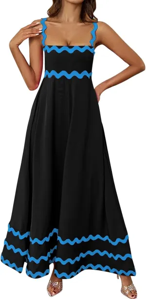 Womens Spring Maxi Dress Fit and Flare Square Neck Long Flowy Dress Sundress Spaghetti Strap Vacation Maxi Dresses