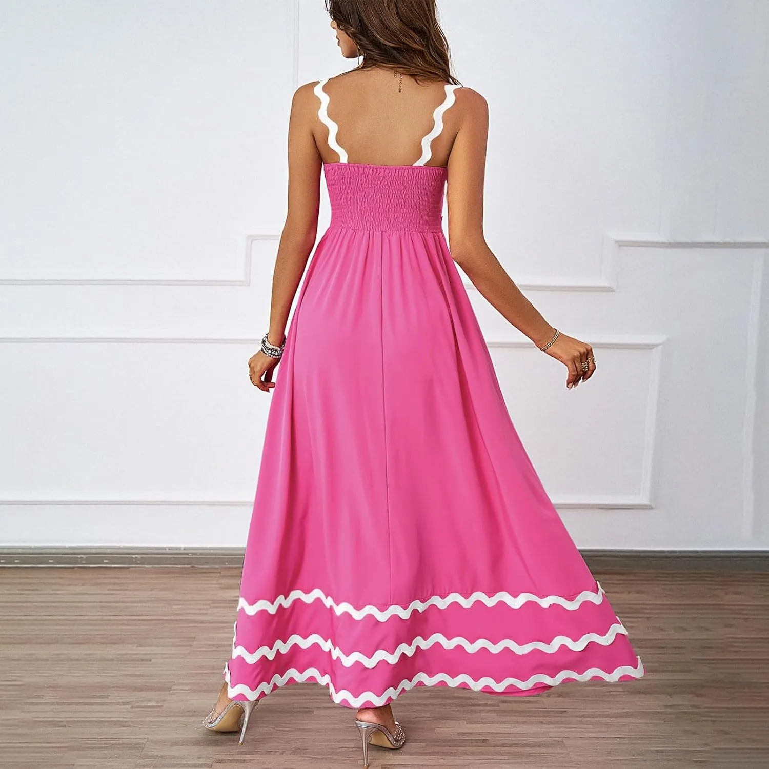 Womens Spring Maxi Dress Fit and Flare Square Neck Long Flowy Dress Sundress Spaghetti Strap Vacation Maxi Dresses