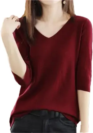 Women's Spring V-Neck Pullover Sweater Mid-Sleeve Undershirt Loose Knitted Short-Sleeved Inner Top