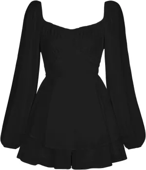 Womens Square Neck Dress Long Lantern Sleeve Tie Backless Ruffle Elastic Waist Above Knee Length Midi Dresses